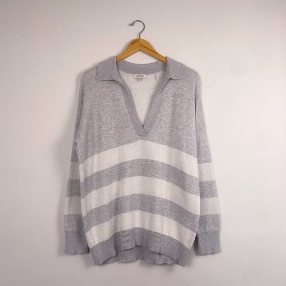 Kinross Cashmere Stripe Split Neck Polo Cotton Blend Large - Picture 1 of 5